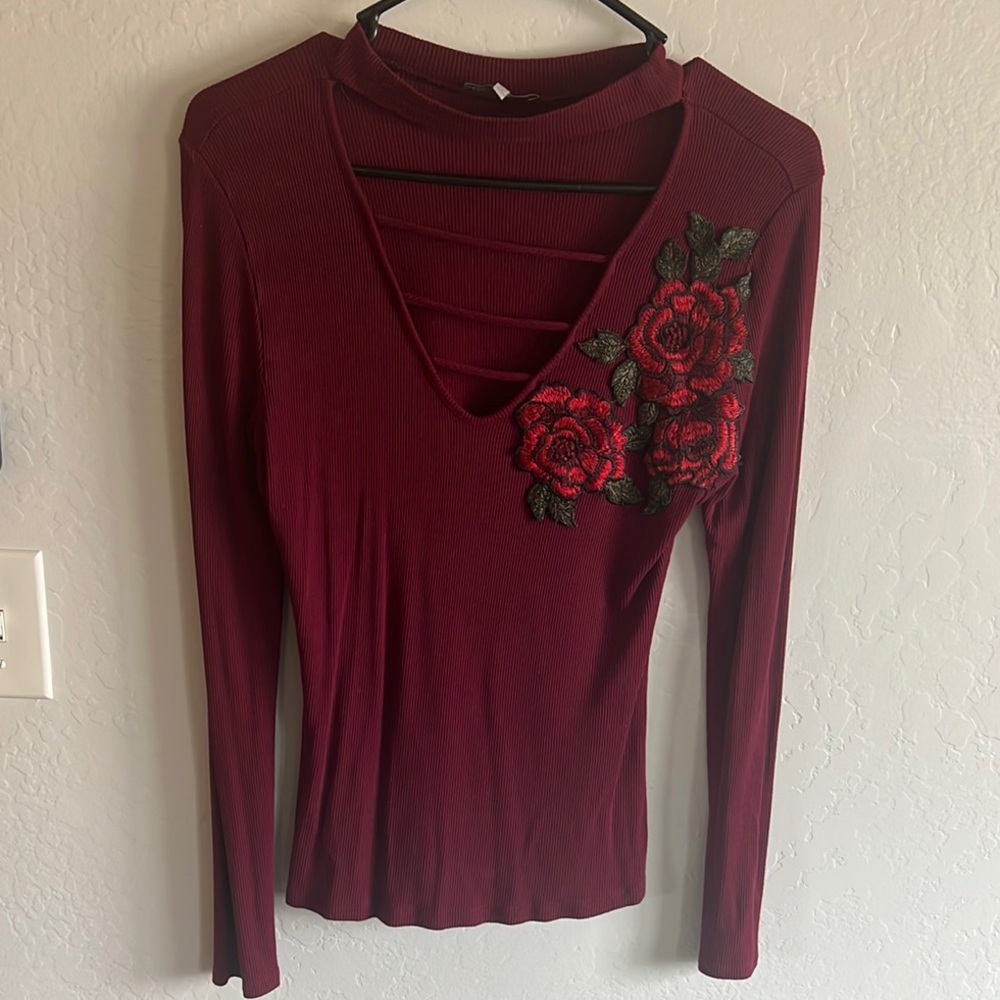 Elegant Burgundy Top with Floral Embroidery